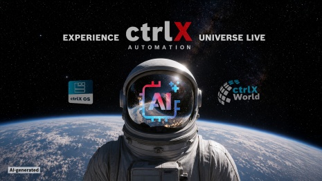 The image shows an astronaut on the moon. A lettering with AI is printed on his helmet. In space behind the astronaut, you can see the ctrlX OS app icon and the ctrlX World logo. (Image: AI generated)