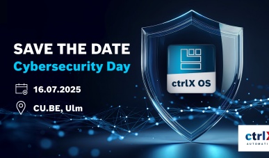 ctrlX OS app icon inside a security shield on a dark blue background and a text overlay: SAVE THE DATE Cybersecurity Day.