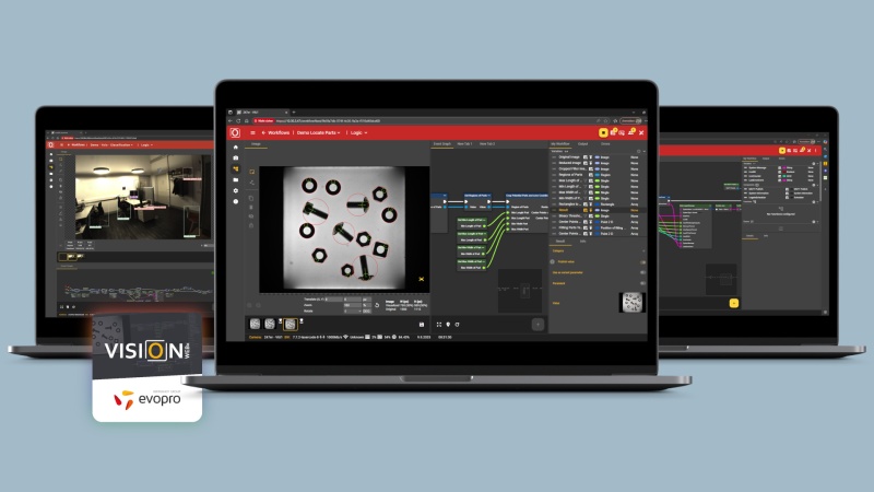 Three computer screens showing Visionweb, the browser-based machine vision and image processing software platform from evopro
